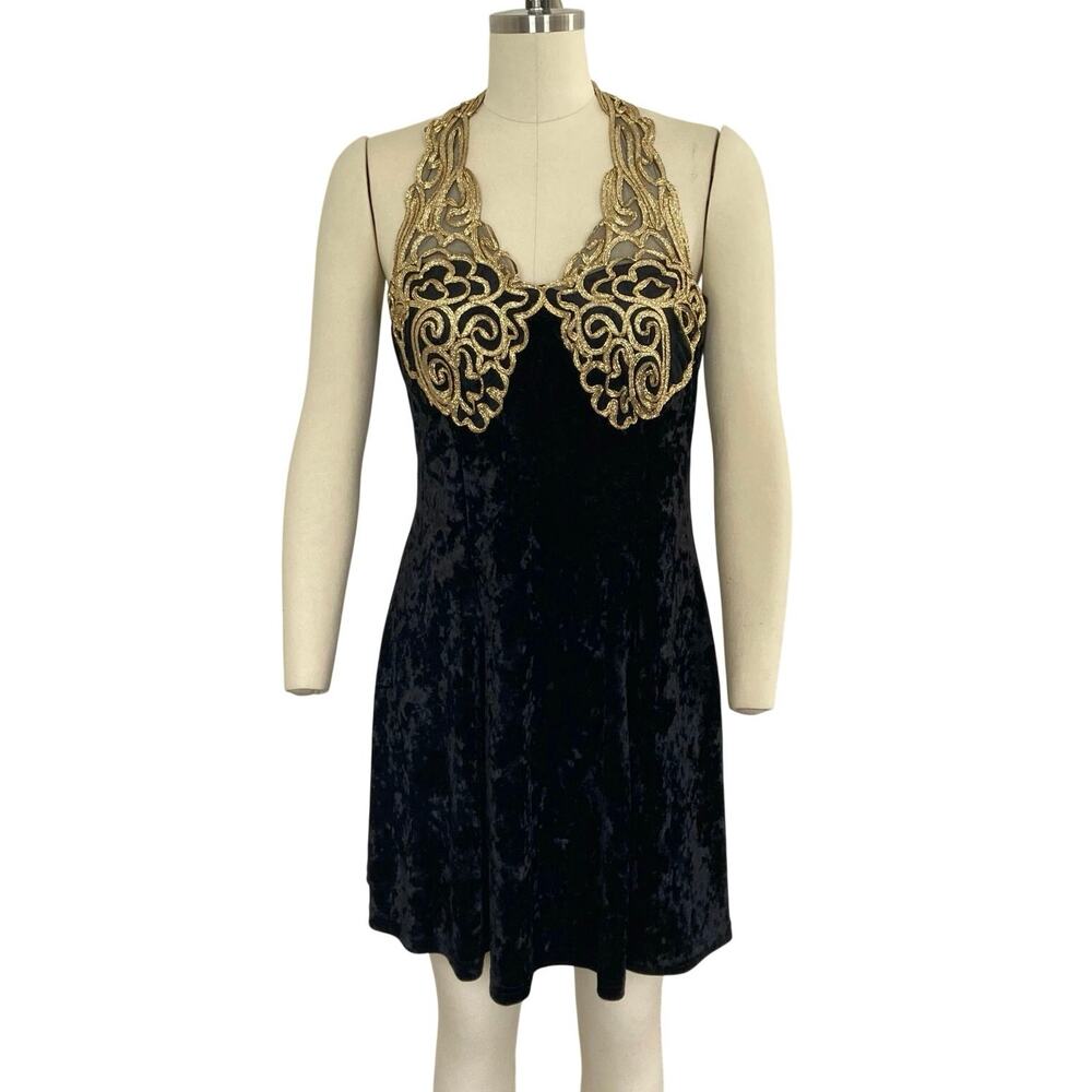 Vintage Halla in L.A. Black Velvet and Gold Halter Party Dress